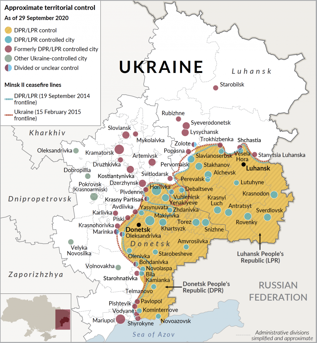 Map of the Donbas war 2014–2022 showing Russian-backed separatist controlled territory