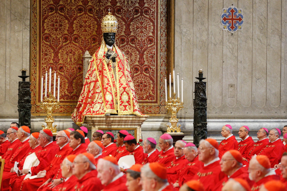 A Pope presiding over a pallium Mass at the Vatican, a ceremonial vestment-conferral rite for archbishops