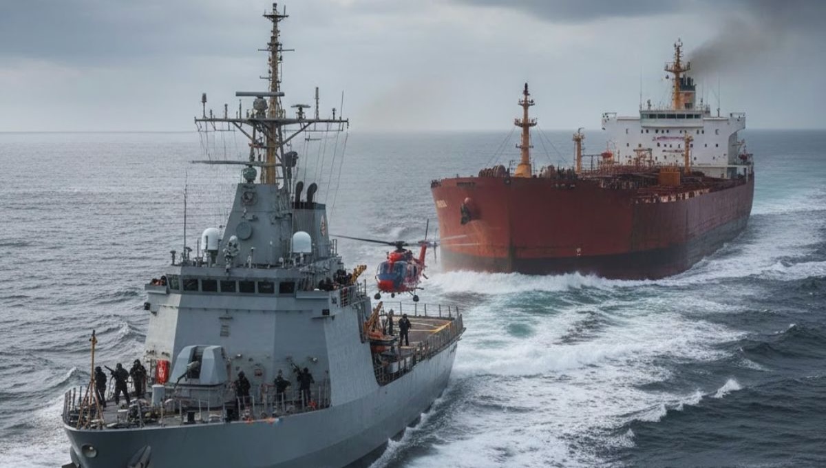 U.S. Coast Guard seizing a Russian oil tanker during the Venezuelan oil crisis
