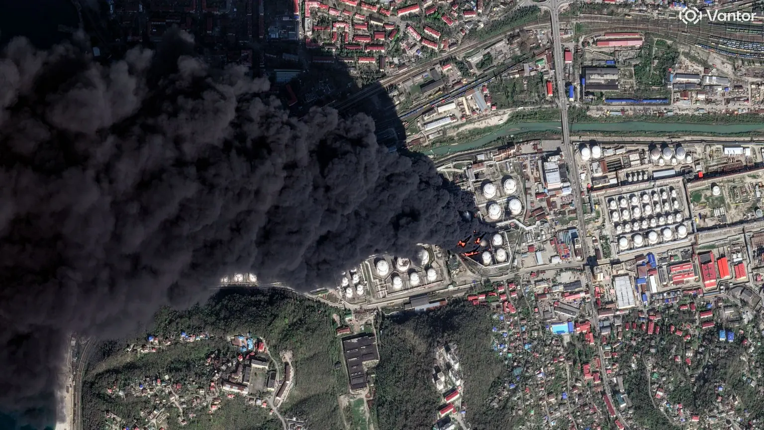 Black smoke rising over Tuapse oil refinery after a Ukrainian drone strike in 2026