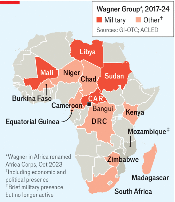Map showing Russia's Africa Corps presence across Africa in 2026, including Mali, CAR, Burkina Faso, Niger, Sudan, and Libya