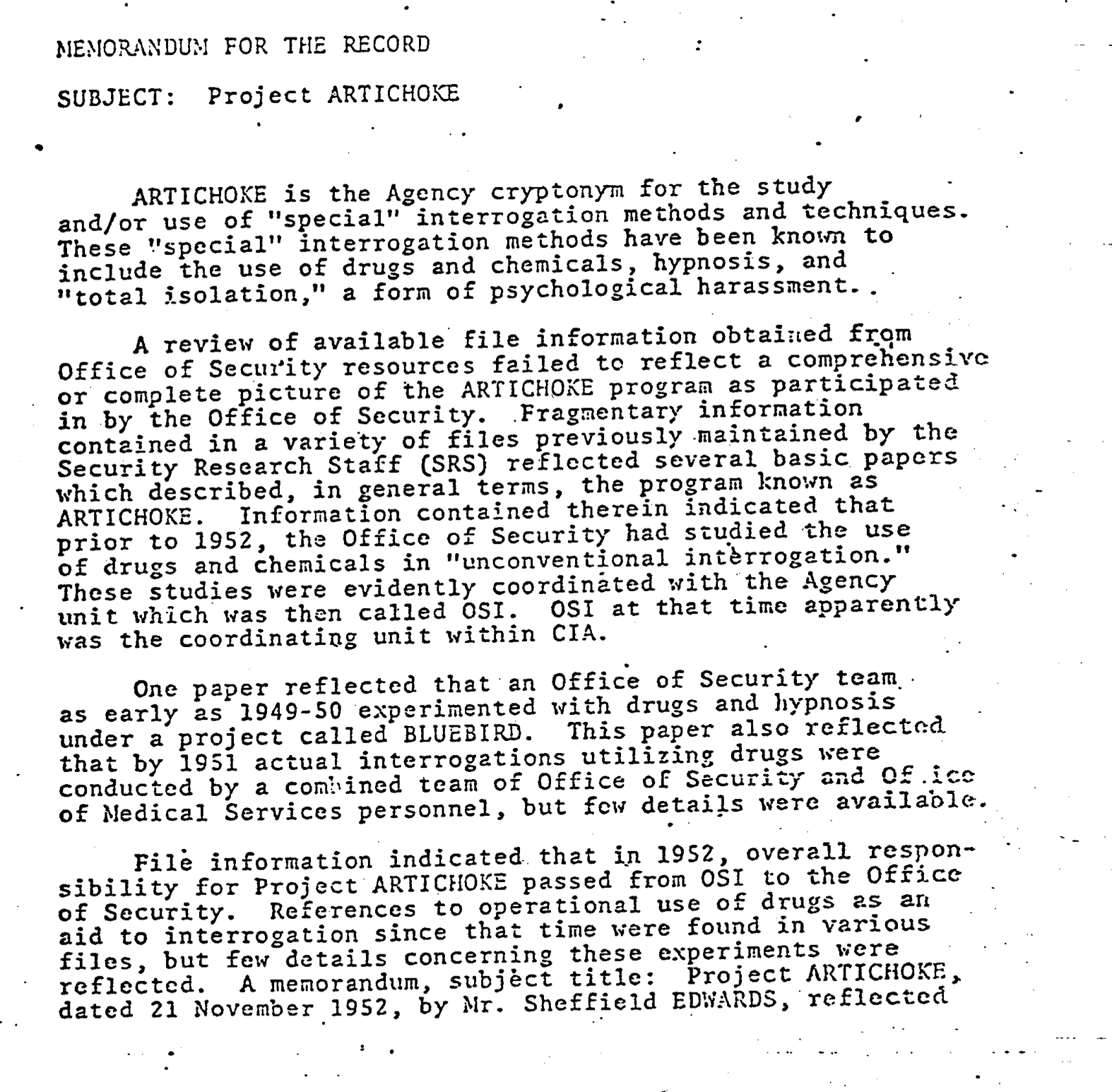 Second declassified CIA memo from Project Artichoke and Project Bluebird programs