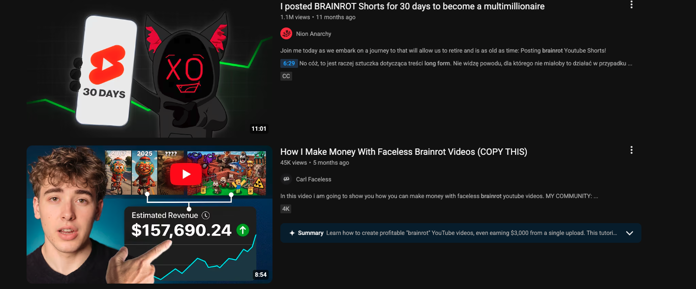 Example of brainrot content generating advertising revenue, showing the financial incentives behind high-stimulation media