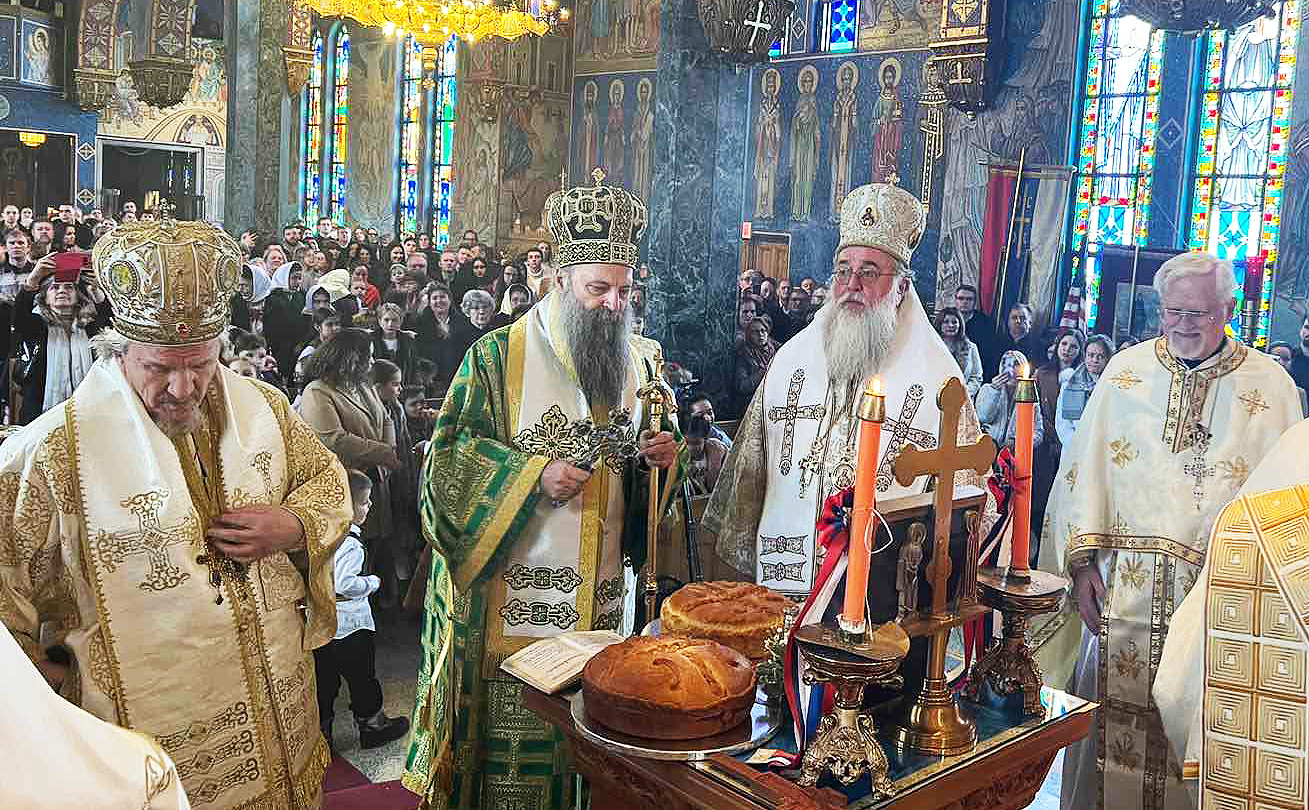Orthodox priest celebrating the Divine Liturgy at the altar, representing the Eucharistic worship of the Eastern Church