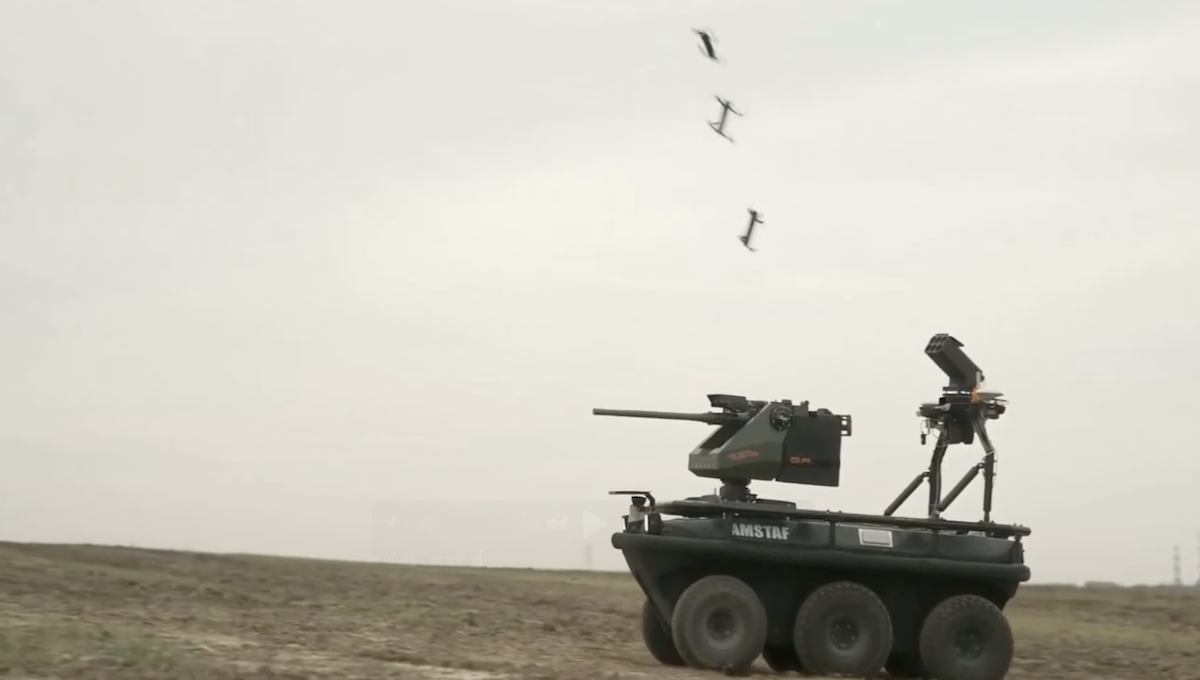 A UGV equipped with a minigun and drone launcher used in frontline combat operations