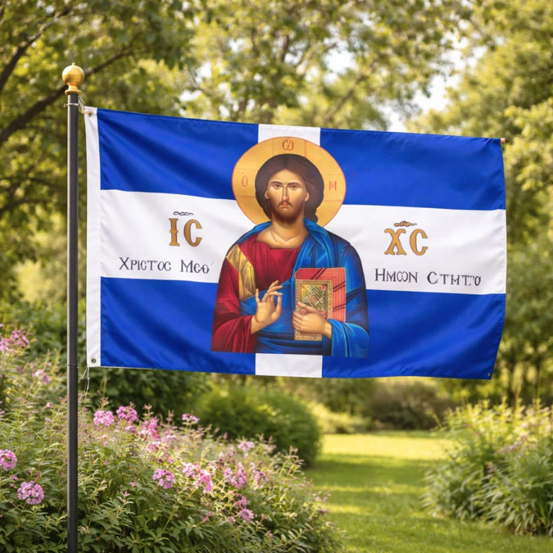 Orthodox Christian flag of Jesus Christ representing the historical debate over his existence