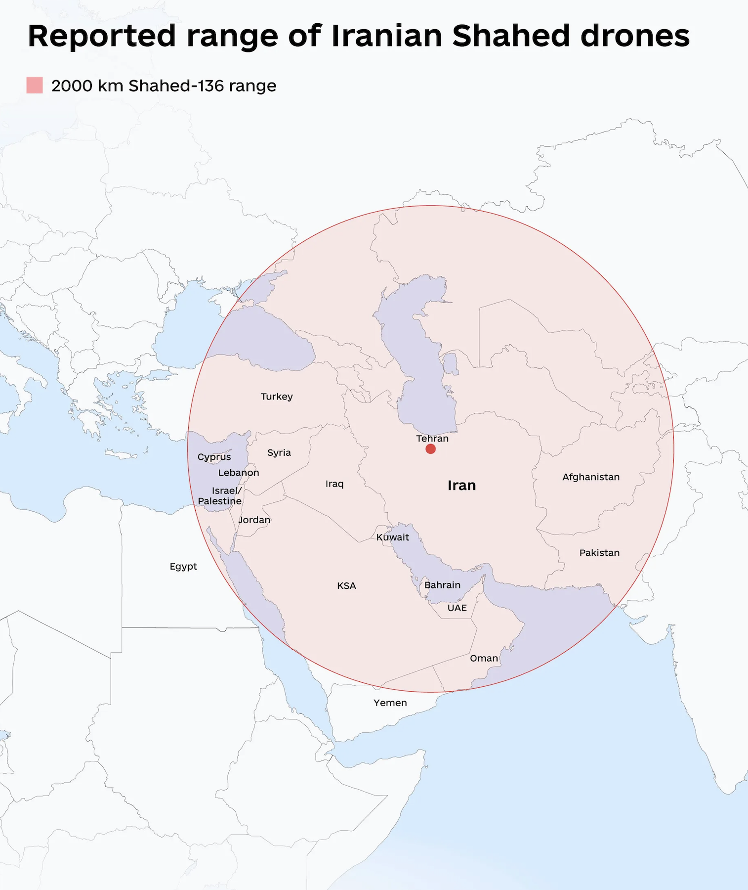 Map showing the reported range of Iranian Shahed drones from launch sites, illustrating the geographic threat radius across the Middle East and into Europe