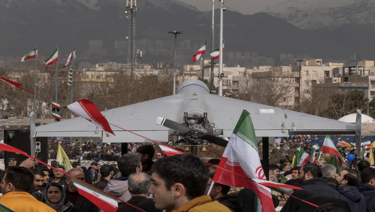 An Iranian-made Shahed-136 unmanned aerial vehicle displayed in Tehran, Iran