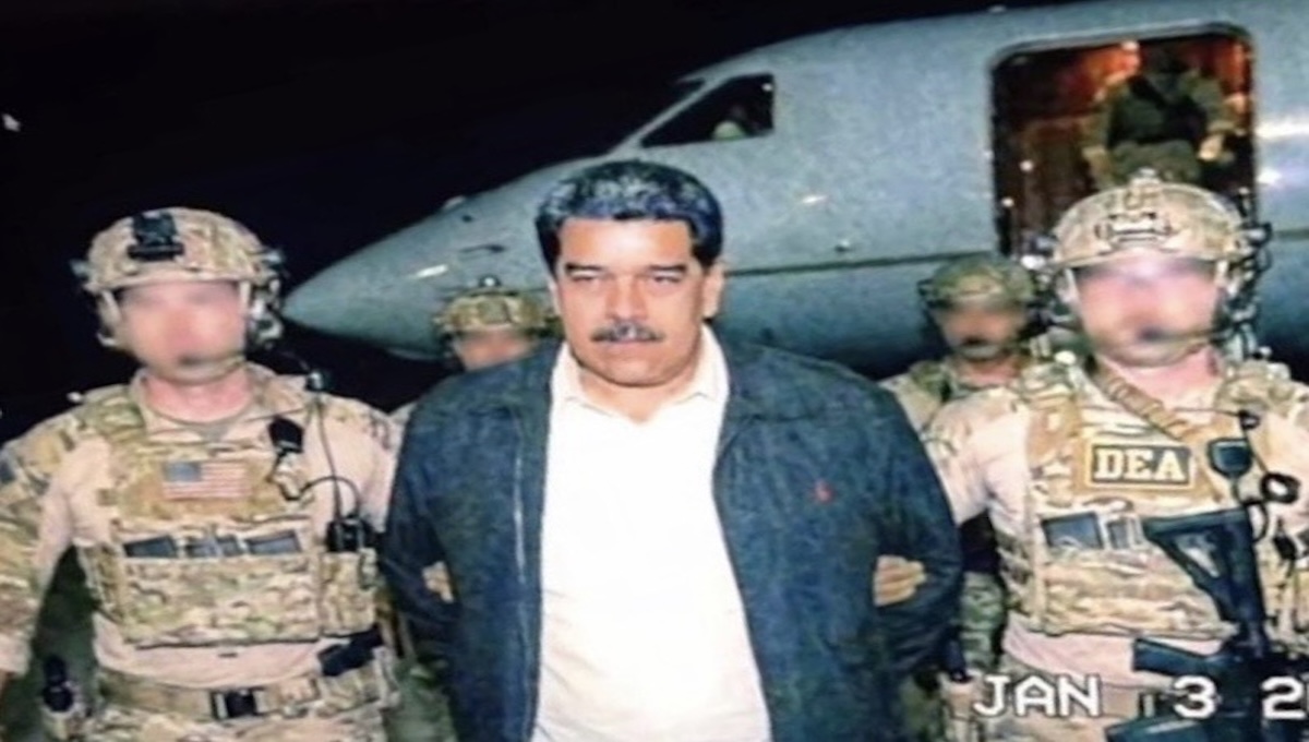 Nicolas Maduro pictured after his capture alongside U.S. Delta Force and DEA agents