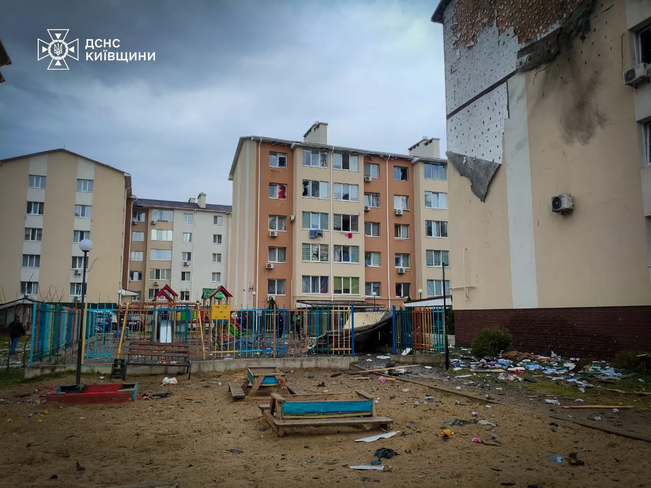 A Ukrainian playground hit by a Russian Shahed drone on April 3 2026 showing the extent of civilian infrastructure damage