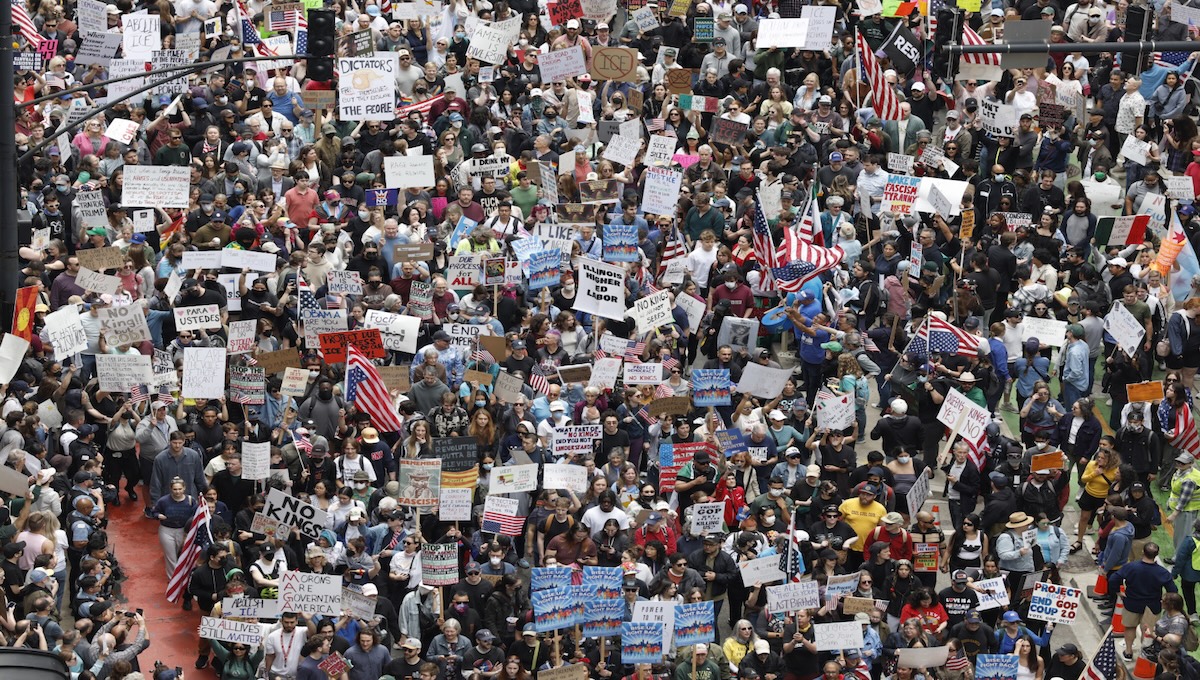 Overhead aerial view of the No Kings protest in the United States
