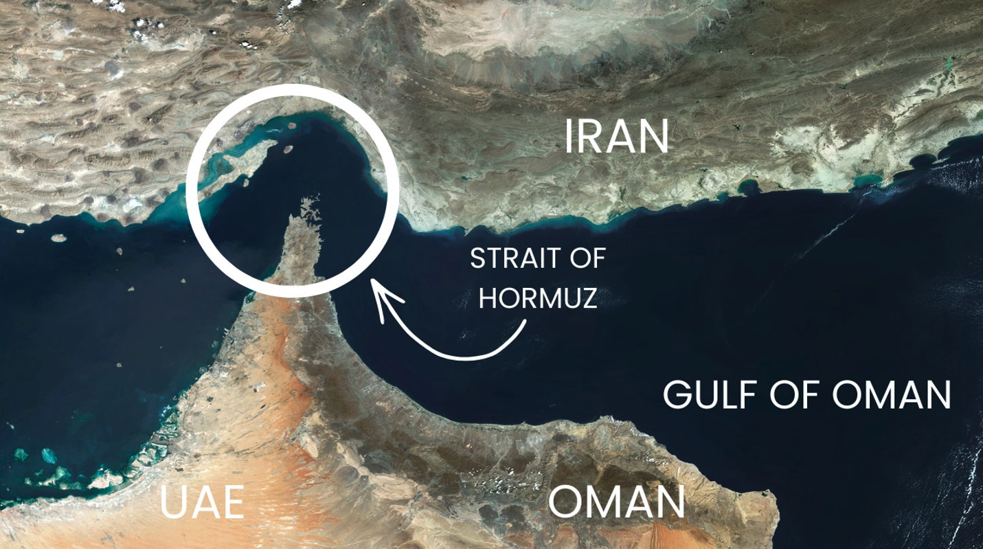 Map of the Strait of Hormuz showing the 21-mile chokepoint between Iran and Oman critical to global oil supply