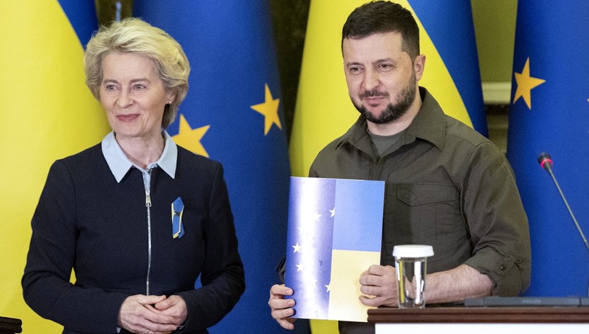 EU and Ukraine flags representing the economic motivations behind European engagement in the Russia-Ukraine conflict